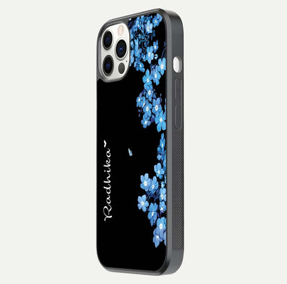 Blue Petal Dream Custom Name Glass Case for iPhone 12 Pro side-angle image showing name print clarity and smooth gloss