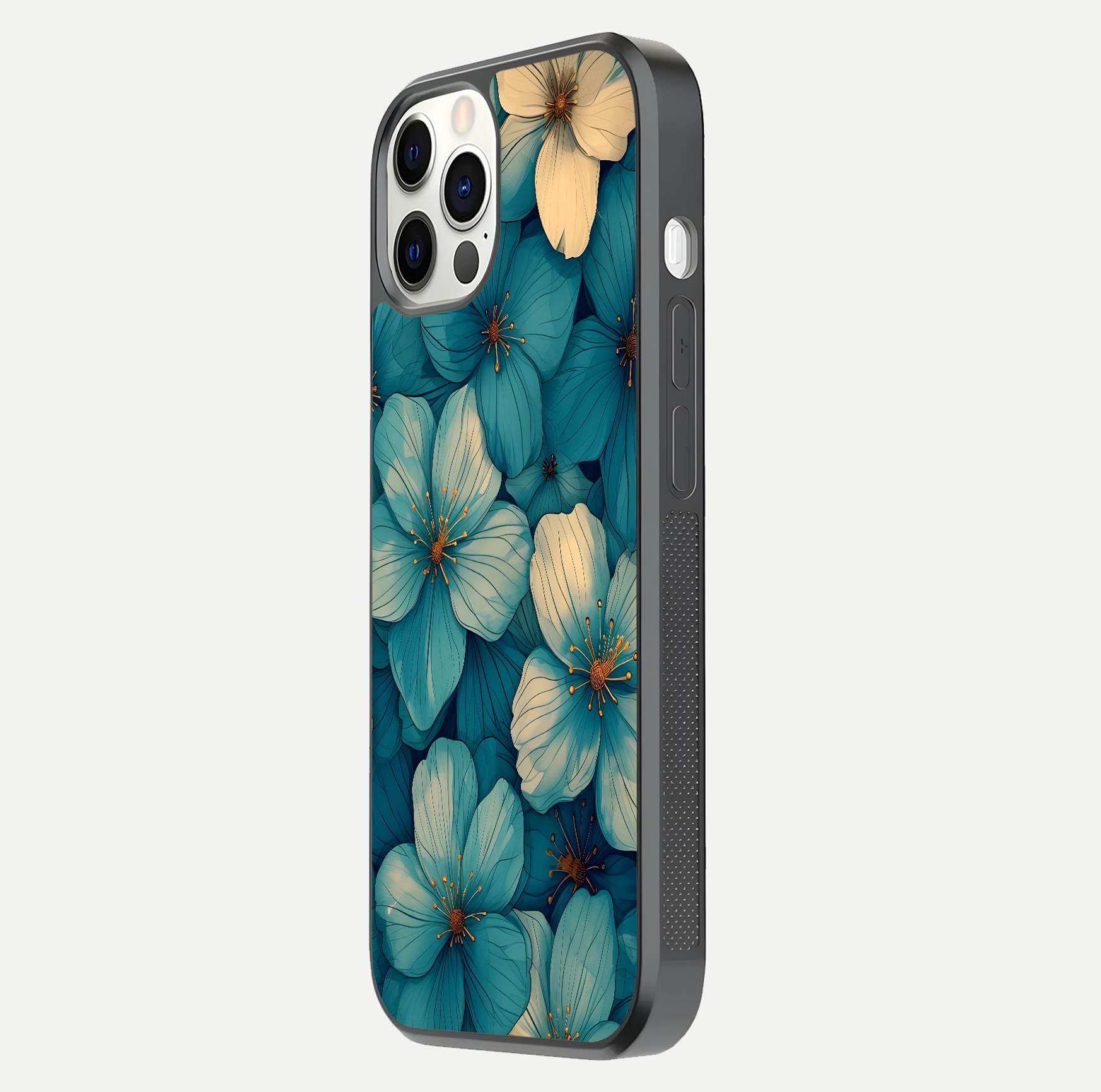Blue Shade Floral Glass Case for iPhone 12 Pro side-angle photo showing detailed floral hues and curved glass shine