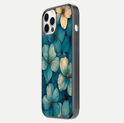 Blue Shade Floral Glass Case for iPhone 12 Pro side-angle photo showing detailed floral hues and curved glass shine