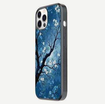 Blue Tree Serenity Glass Case for iPhone 12 Pro side-angle shot showing glossy edge and tree pattern reflection