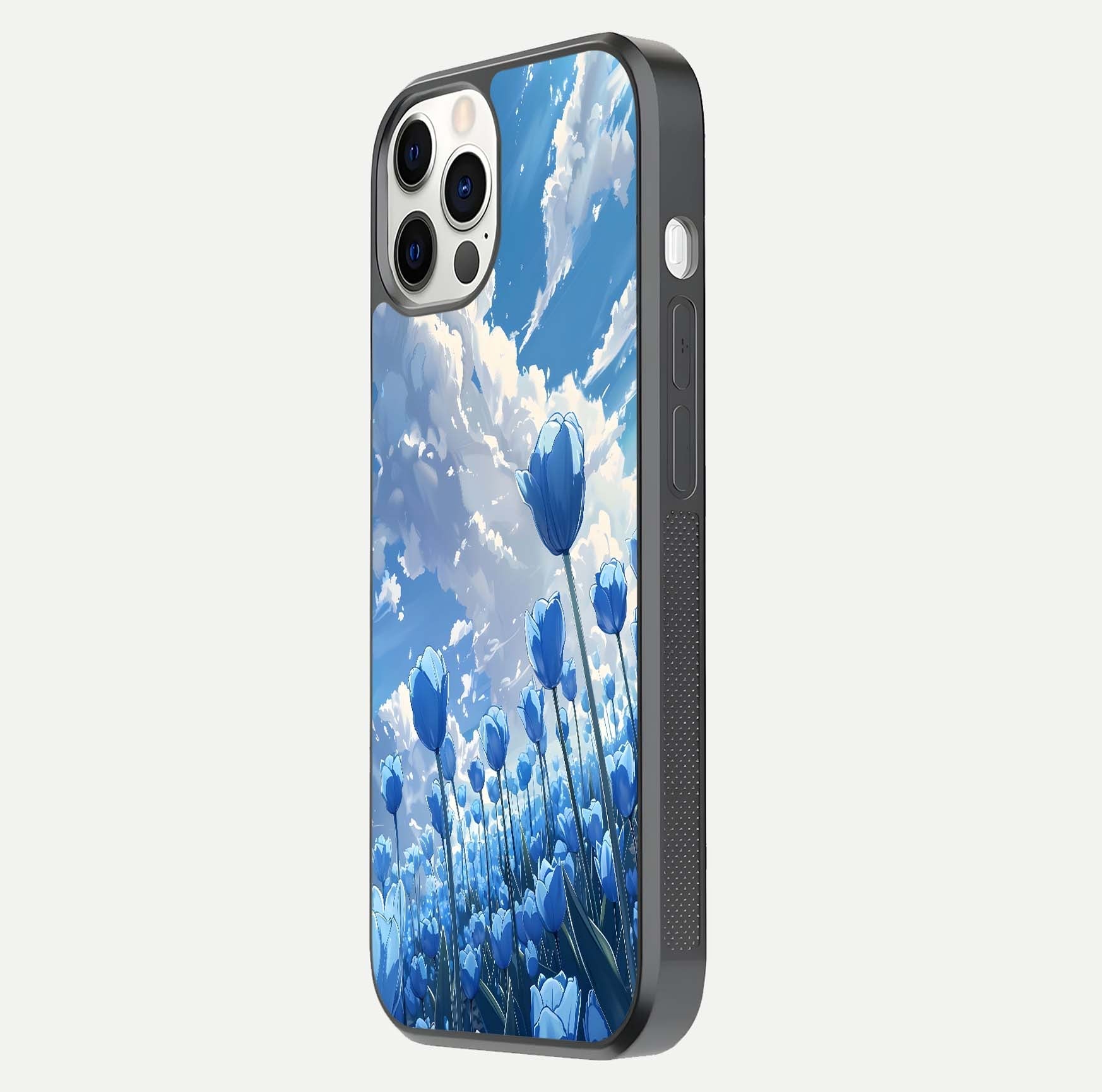 Blue Tulip Clouds Glass Case for iPhone 12 Pro side-angle image showing edge curve and flower reflection glow