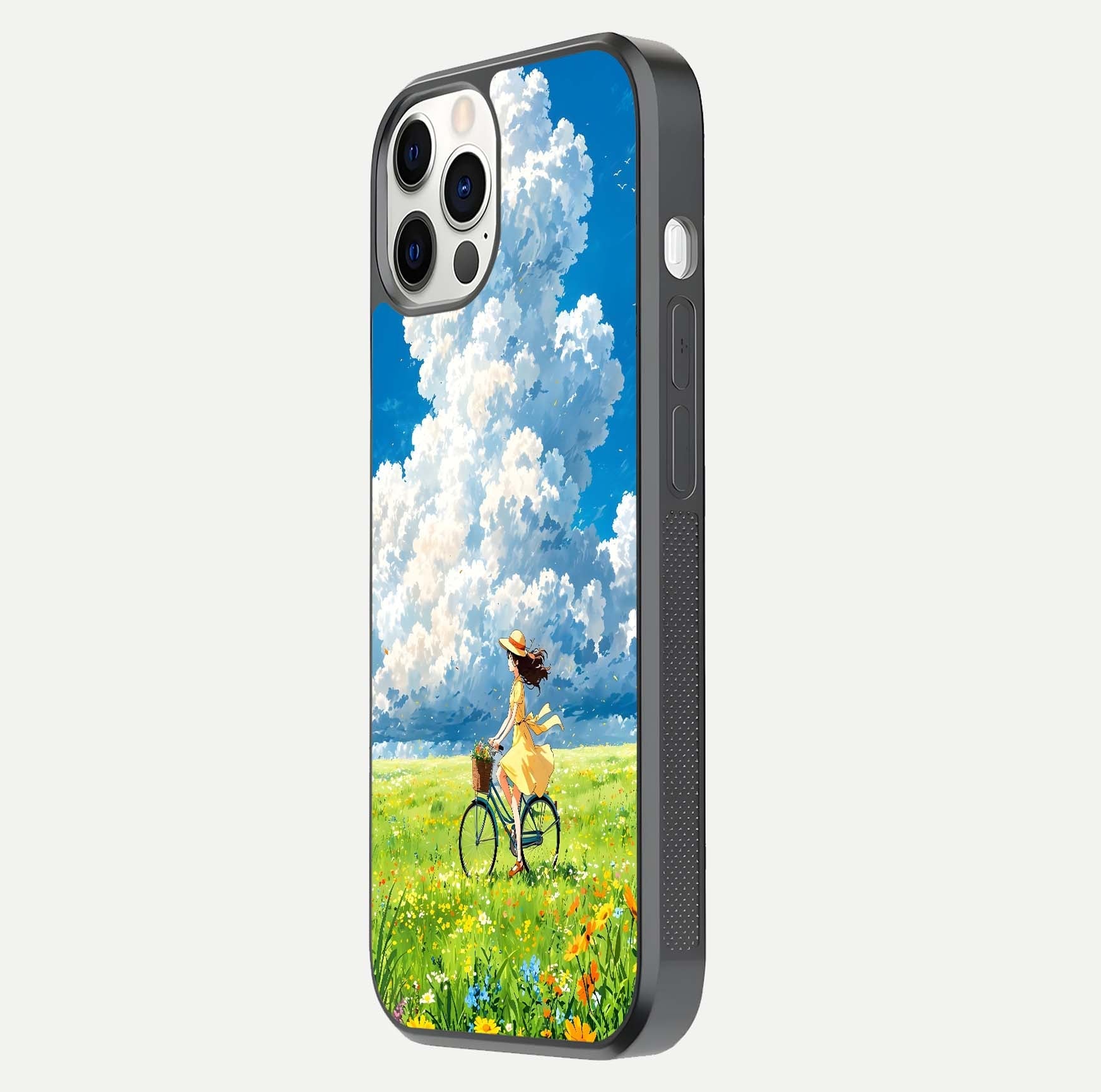 Breezy Meadow Ride Glass Case for iPhone 12 Pro side-angle image showing floral details and edge glow