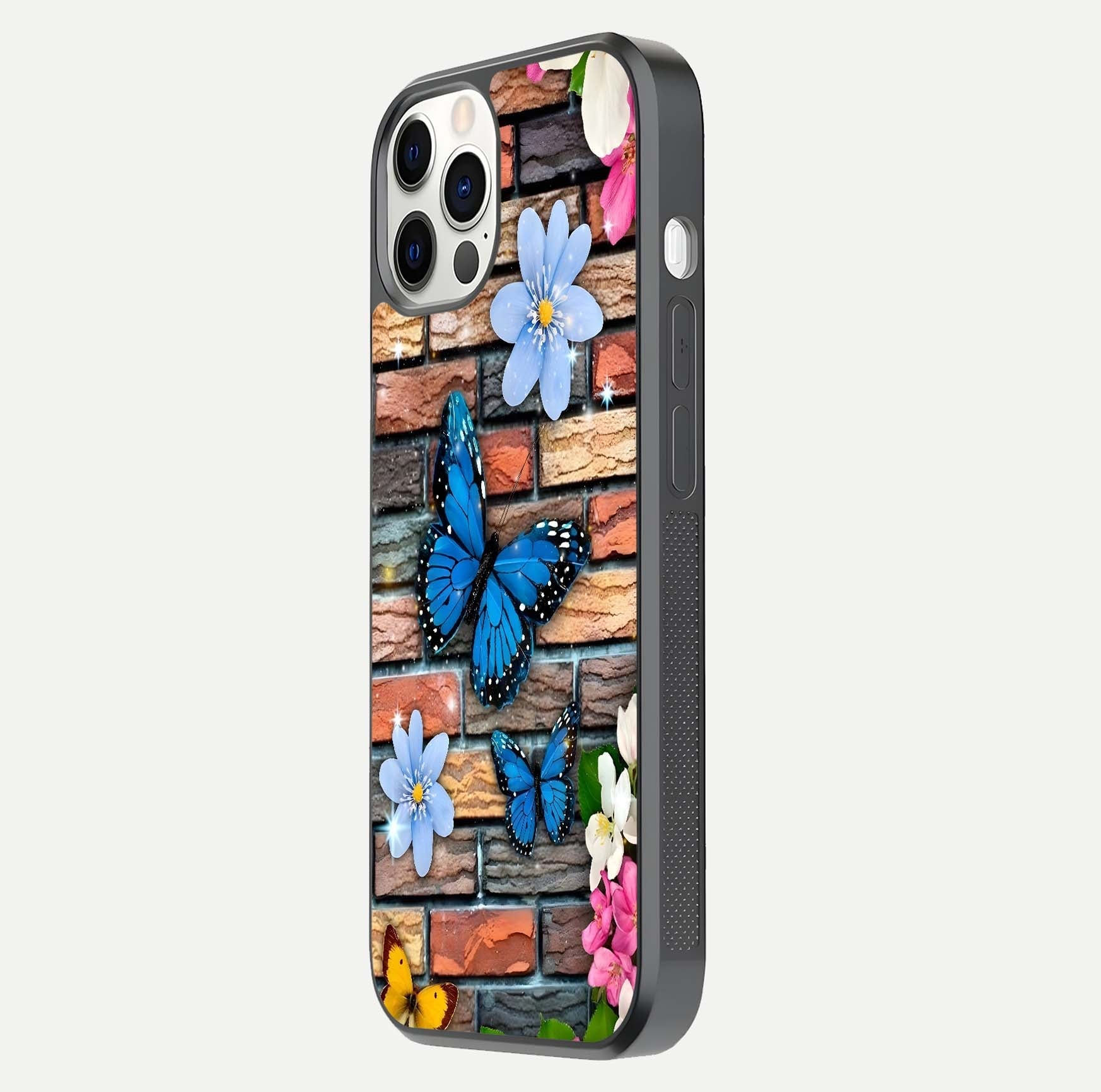 Brick Bloom Flight Glass Case for iPhone 12 Pro side-angle photo showing curve shine and detailed petal contrast