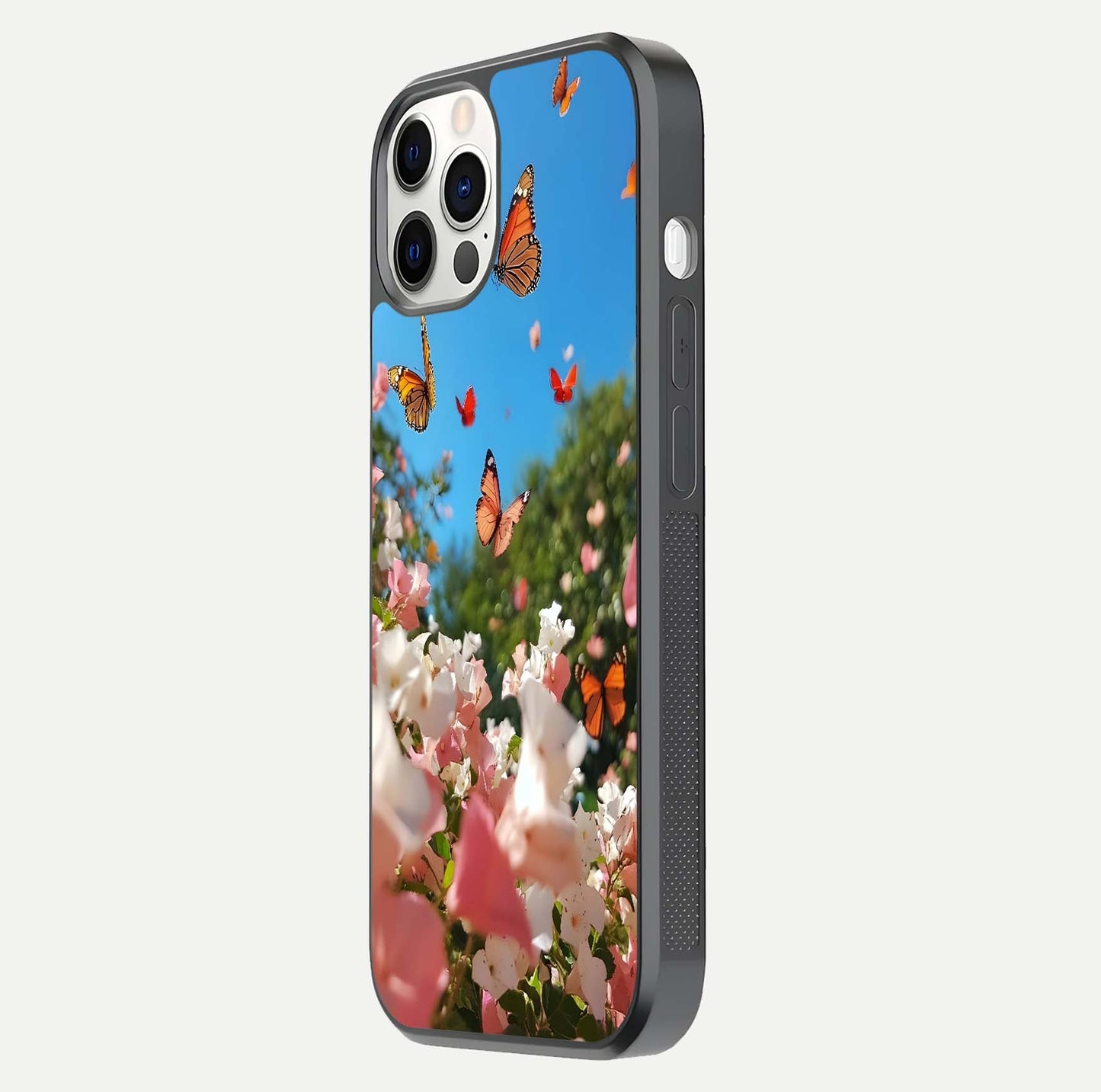 Butterflies in Bloom Sky Glass Case for iPhone 12 Pro side-angle image showing delicate details and gloss polish