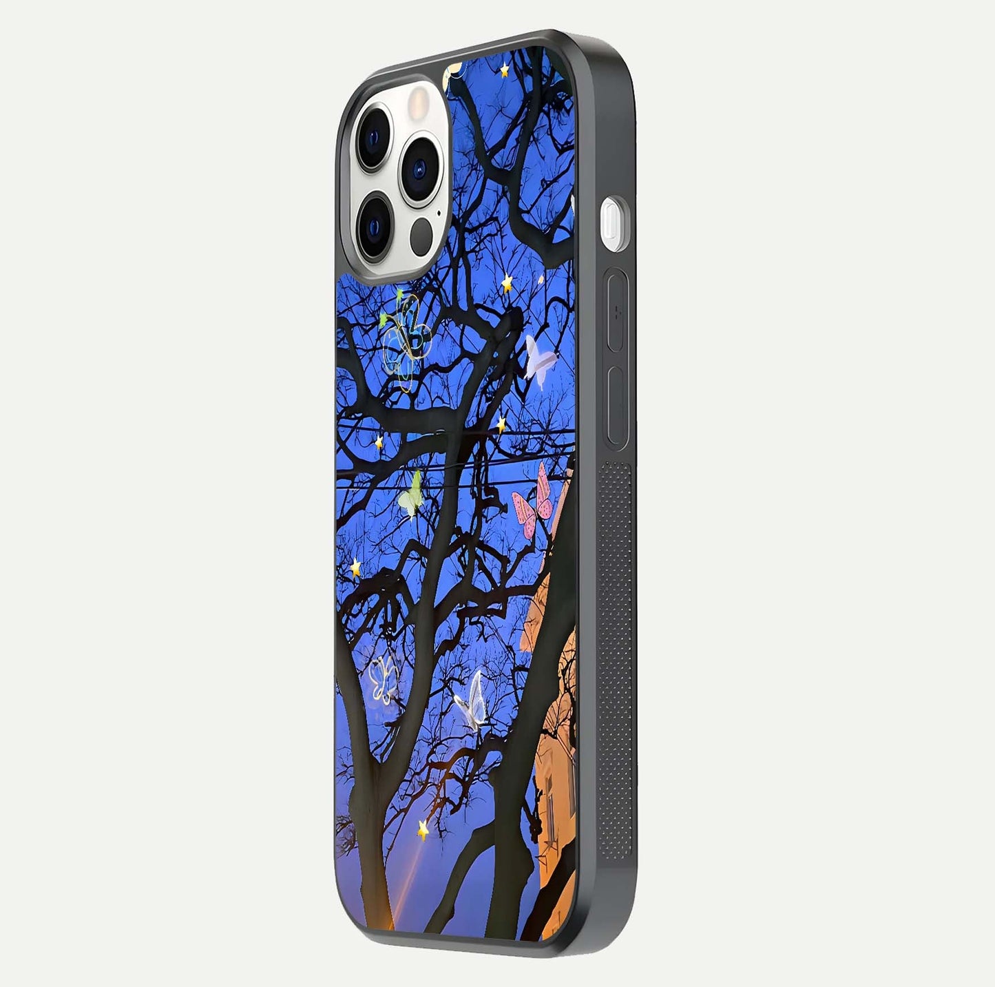 Butterfly Night Magic Glass Case for iPhone 12 Pro side-angle view capturing butterfly contrast and glossy depth