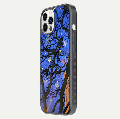 Butterfly Night Magic Glass Case for iPhone 12 Pro side-angle view capturing butterfly contrast and glossy depth