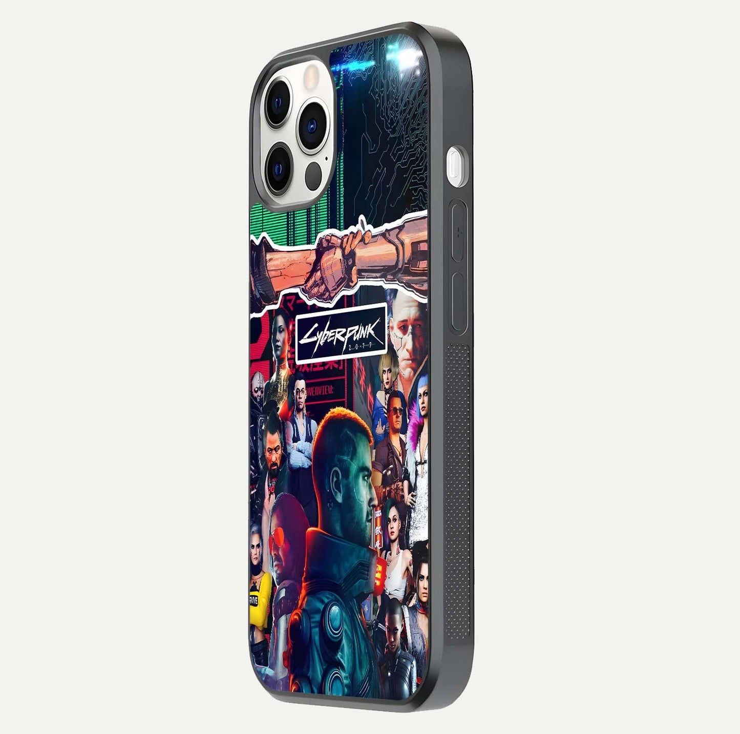 CYBERPUNK Legacy Glass Case for iPhone 12 Pro side-angle photo showing edge glow and reflective surface
