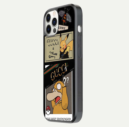 Cartoon Brand Play Mashup Glass Case for iPhone 12 Pro side-angle image showing reflection brightness and fun graphic mix