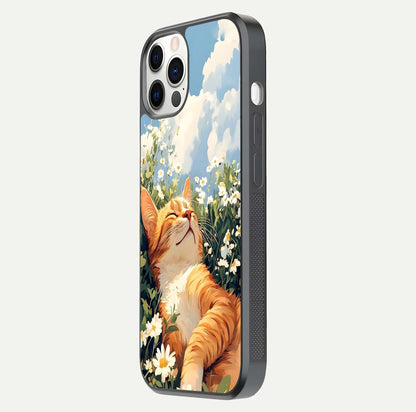 Cat & Flowers View Glass Case for iPhone 12 Pro side-angle image capturing cat print clarity and gloss tone