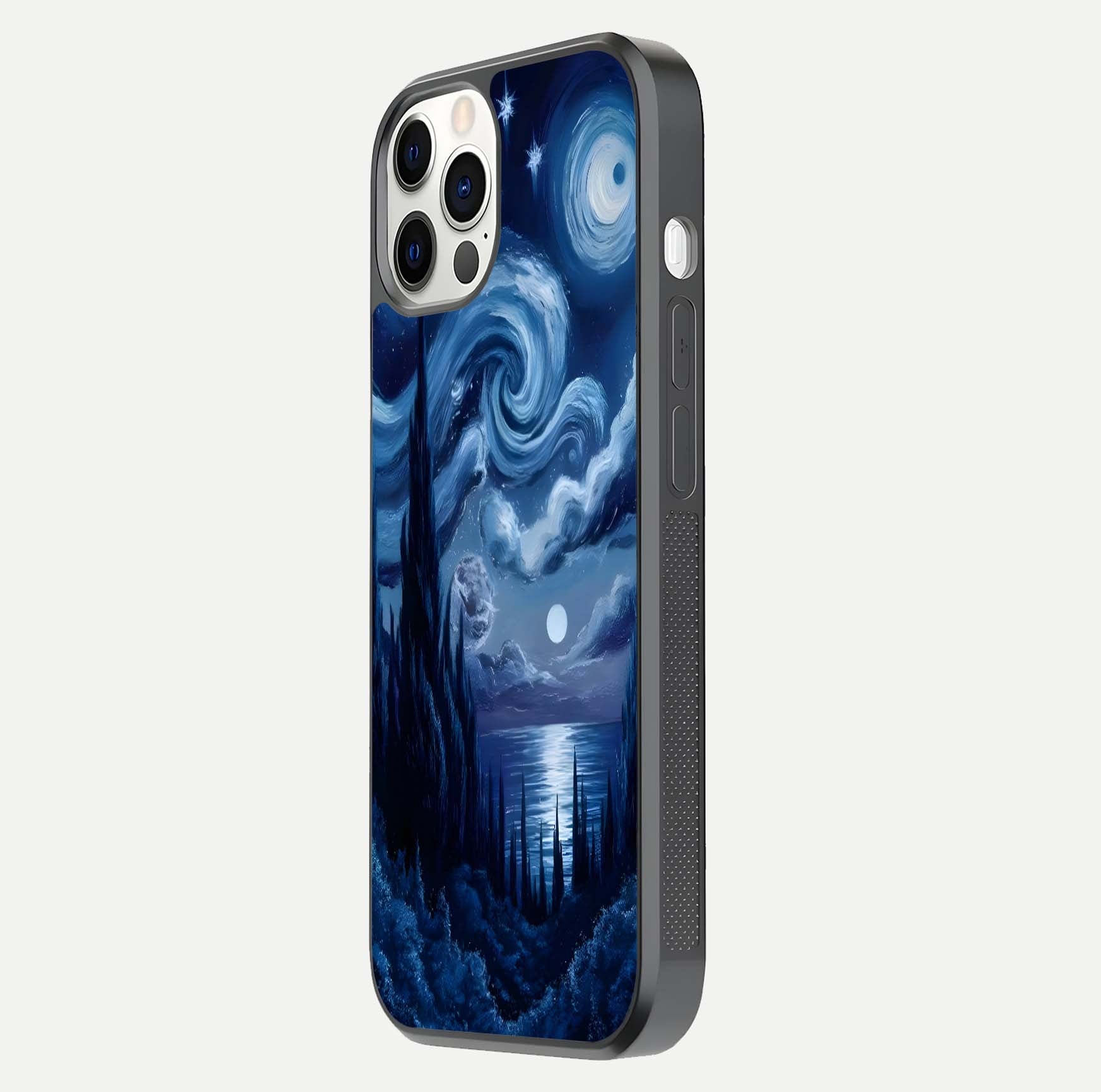 Celestial Dream Van Gogh Glass Case for iPhone 12 Pro side-angle photo showing depth swirl design and curved reflection