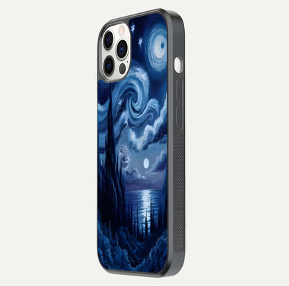 Celestial Dream Van Gogh Glass Case for iPhone 12 Pro side-angle photo showing depth swirl design and curved reflection
