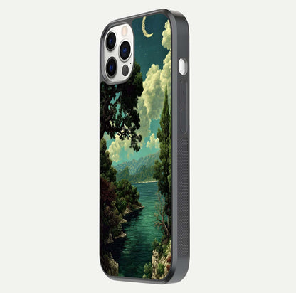 Celestial Lake Peace Glass Case for iPhone 12 Pro side-angle image displaying reflective glow and gentle edges