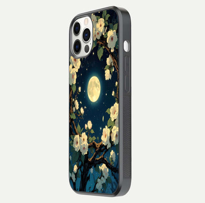 Celestial Moon & Flower Glass Case for iPhone 12 Pro side-angle image showing edge smoothness and glow reflection