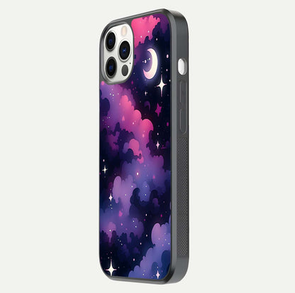 Celestial Moon Magic Glass Case for iPhone 12 Pro side-angle shot capturing soft reflection and curved gloss