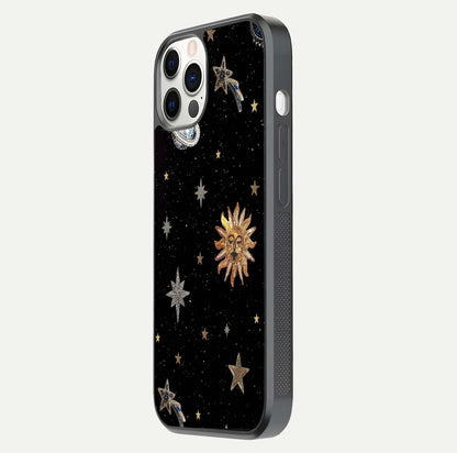 Celestial Moon With Stars Glass Case for iPhone 12 Pro side-angle view showing curved edges and shimmer glow