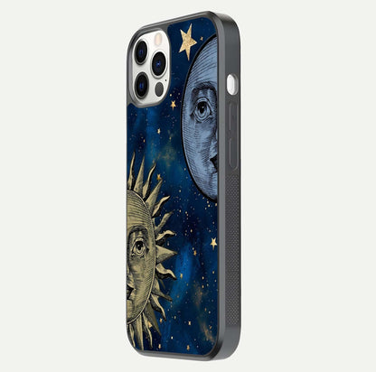 Celestial Moon With Sun Glass Case for iPhone 12 Pro side-angle image showing reflection tones and cosmic edge