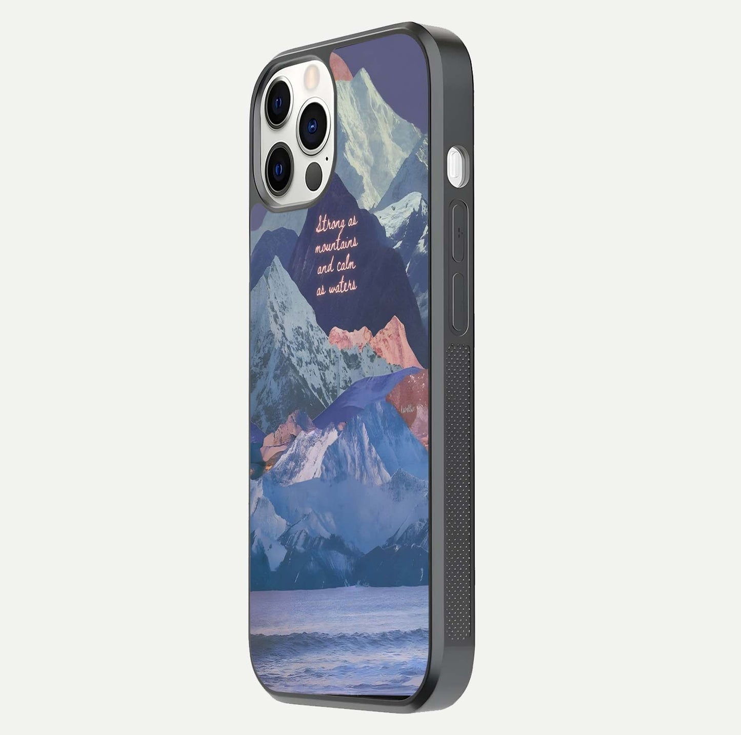 Celestial Mountain Calm Glass Case for iPhone 12 Pro side-angle image capturing mountain detail and shine gradient