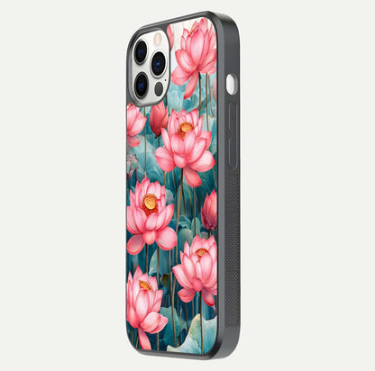 Celestial Pink Lotus Glass Case for iPhone 12 Pro side-angle image showing reflective shine and petal curve