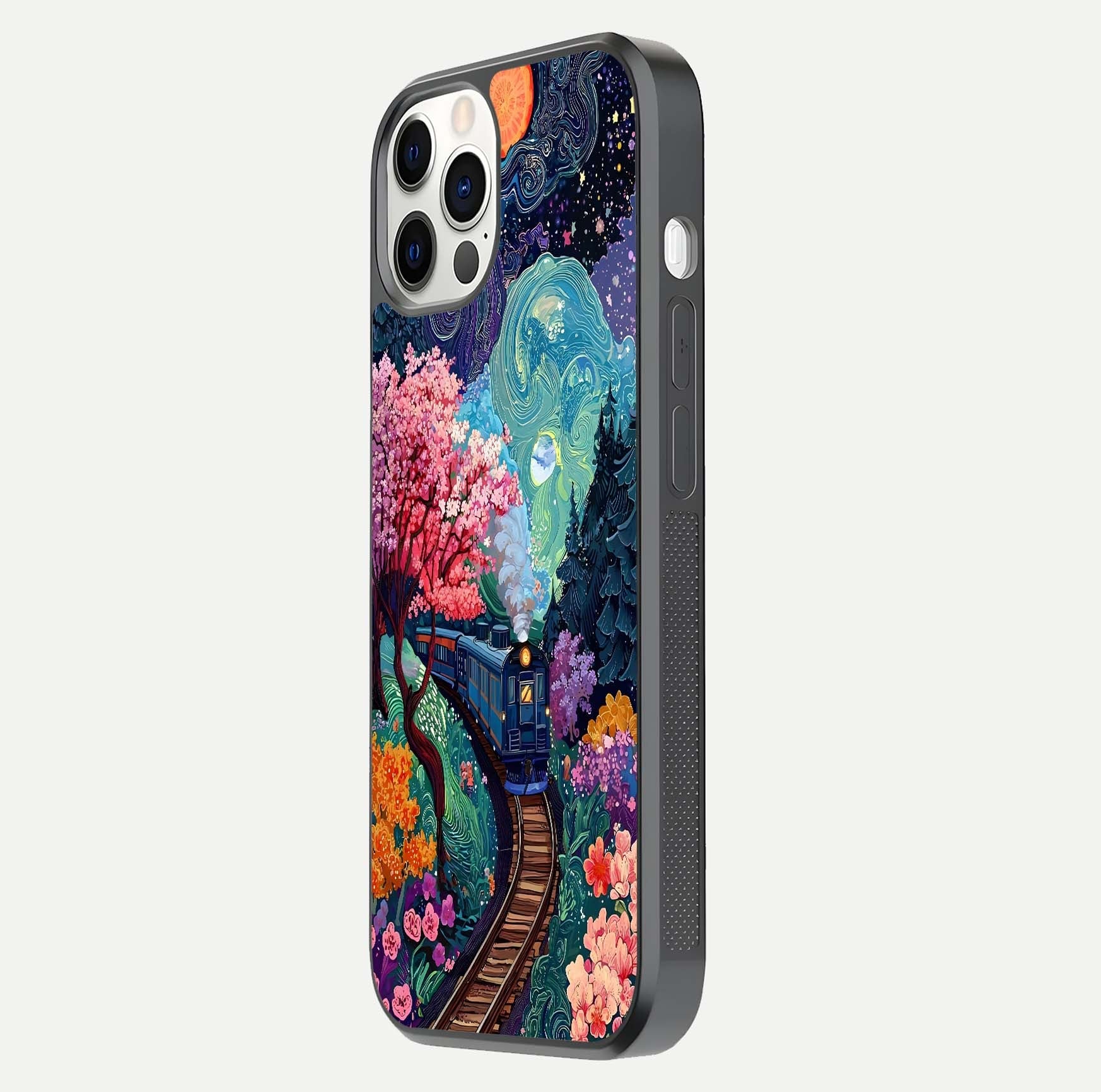 Celestial Train Journey Glass Case for iPhone 12 Pro side-angle image showing polished curve and HD print detail