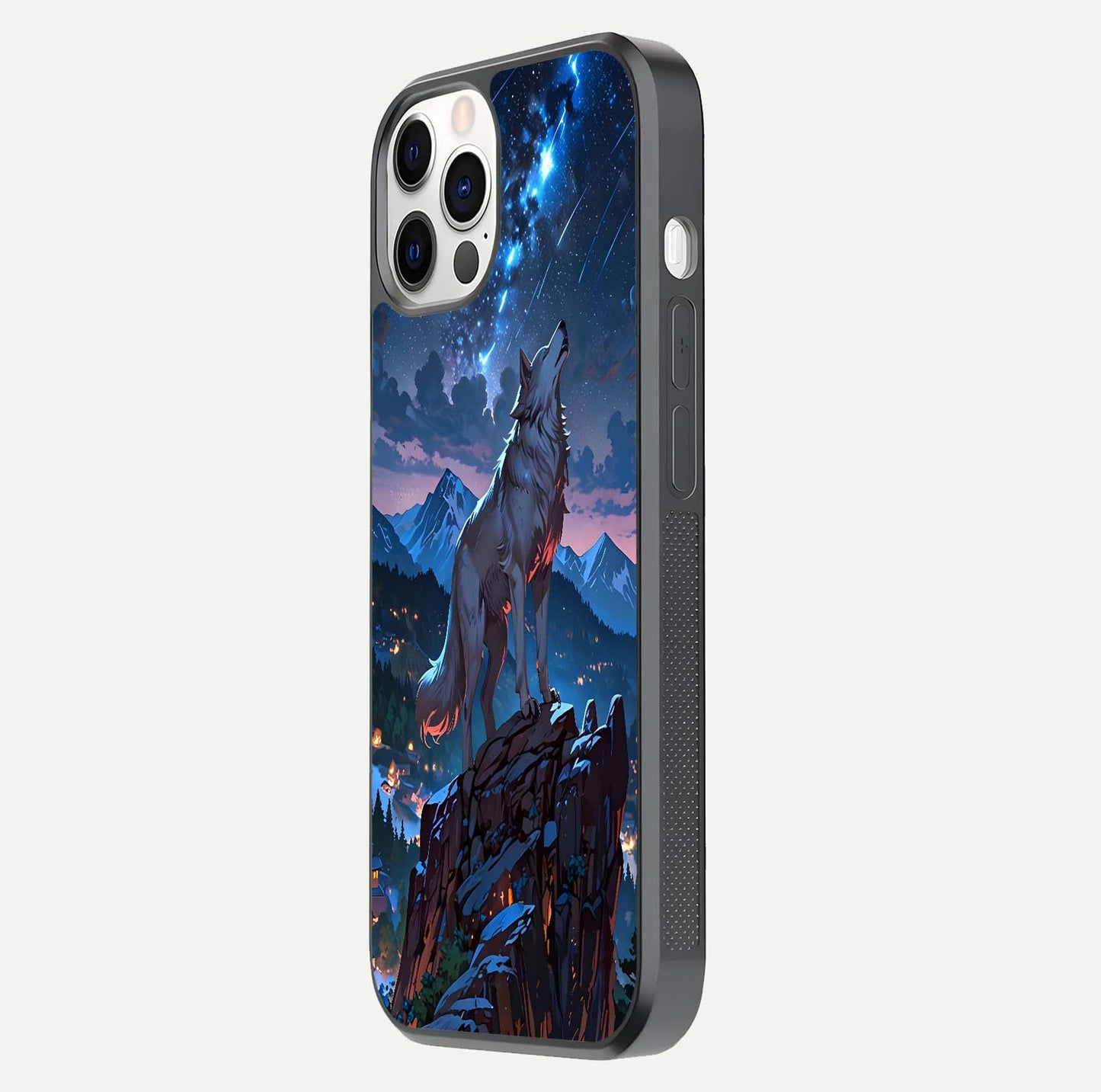 Celestial Wolf Howl Glass Case for iPhone 12 Pro side-angle image showing curve polish and moon glow