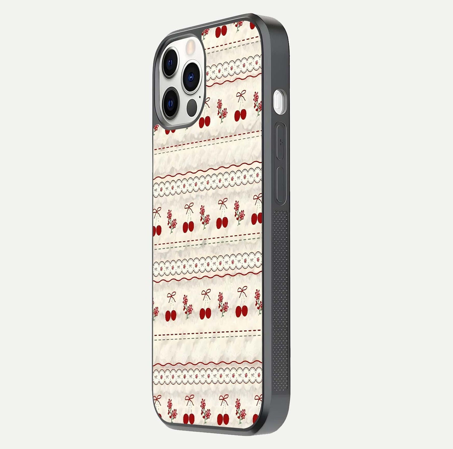Cherry Bloom Charm Glass Case for iPhone 12 Pro side-angle photo showing flower detail and edge light