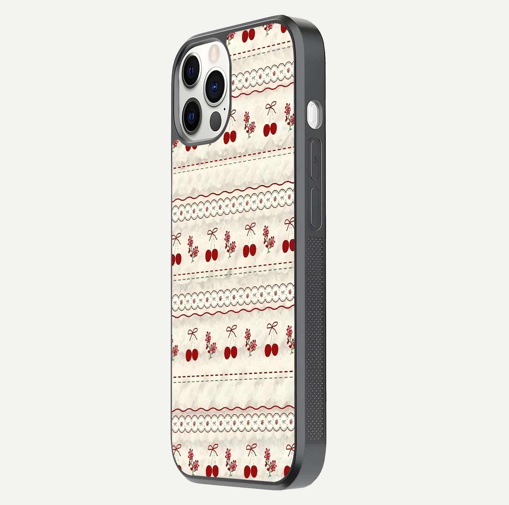 Cherry Bloom Charm Glass Case for iPhone 12 Pro side-angle photo showing flower detail and edge light