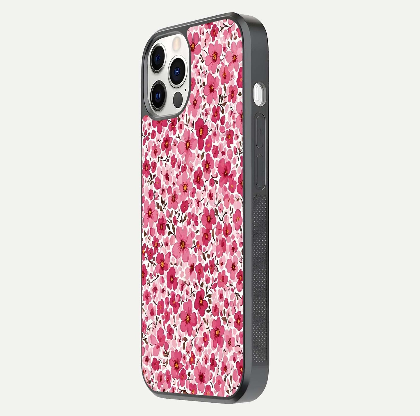 Cherry Blossom Charm Glass Case for iPhone 12 Pro side-angle image showing reflection gloss and soft texture