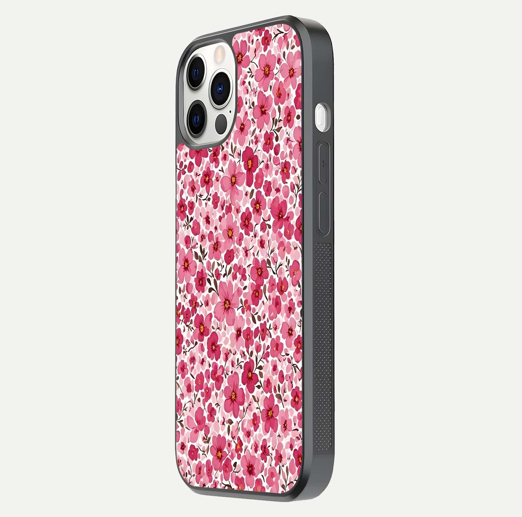 Cherry Blossom Charm Glass Case for iPhone 12 Pro side-angle image showing reflection gloss and soft texture