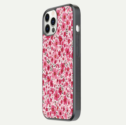 Cherry Blossom Charm Glass Case for iPhone 12 Pro side-angle image showing reflection gloss and soft texture