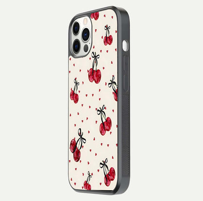 Cherry Heart Bow Glass Case for iPhone 12 Pro side-angle image capturing gloss texture and charm bow art