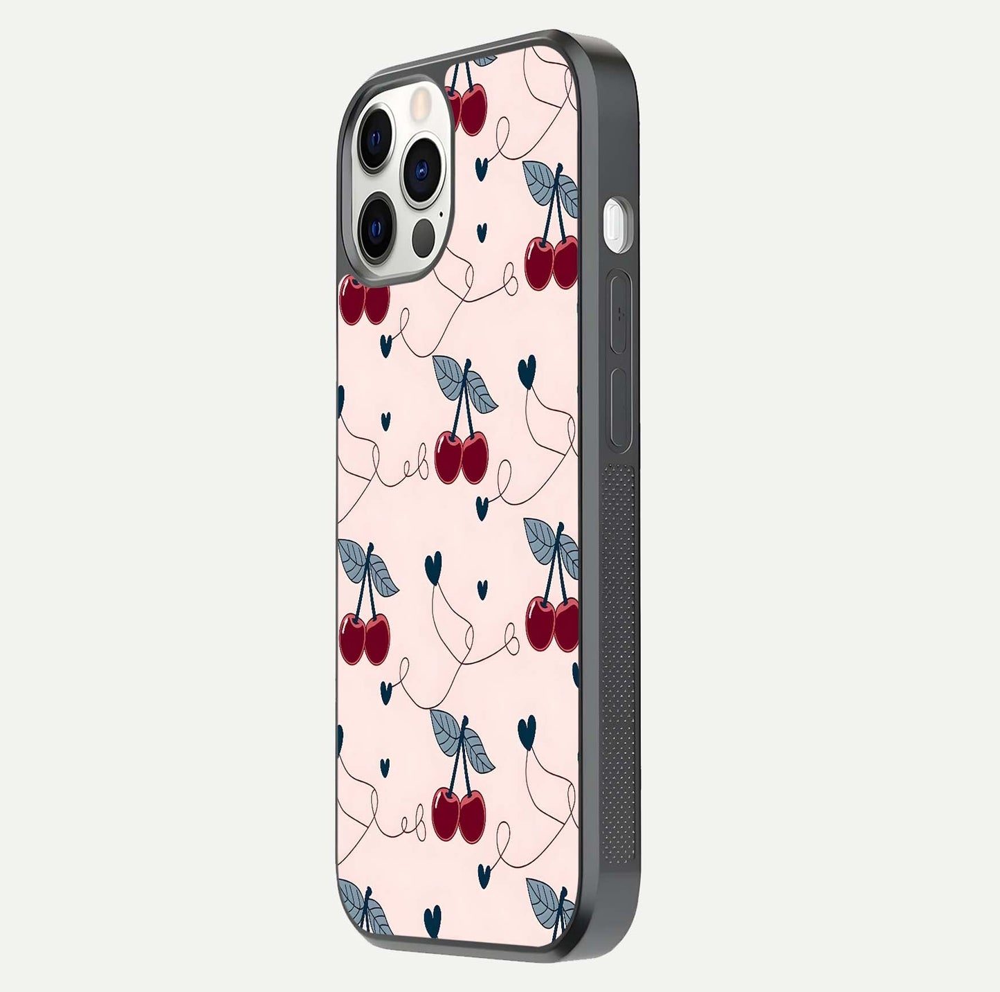 Cherry Heart Line Glass Case for iPhone 12 Mini side-angle view capturing smooth curves and shine effect