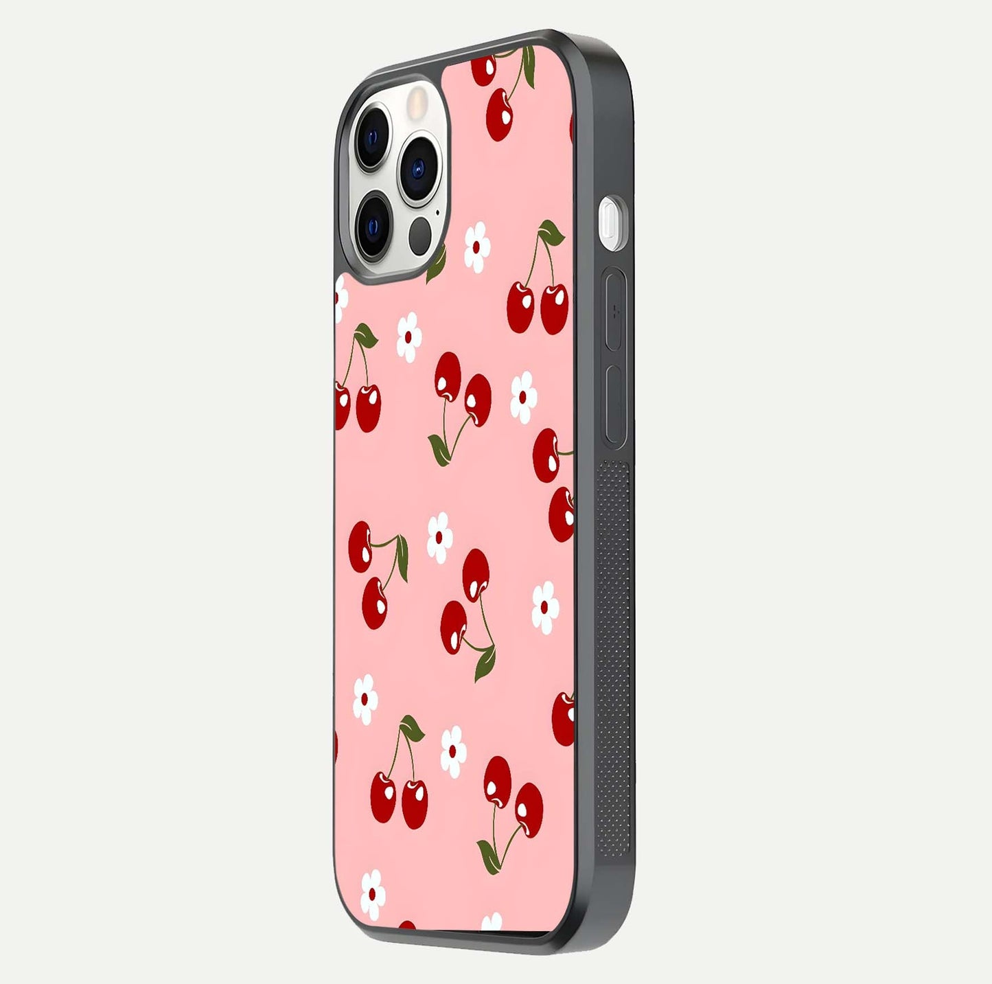 Cherry Love Mood Glass Case for iPhone 12 Pro side-angle image capturing smooth gloss and delicate details