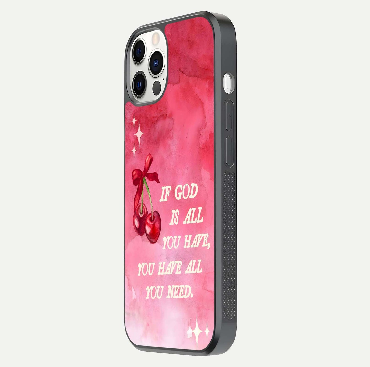 Cherry Quote Glass Case for iPhone 12 Pro side-angle image showing curve glow and glass detail