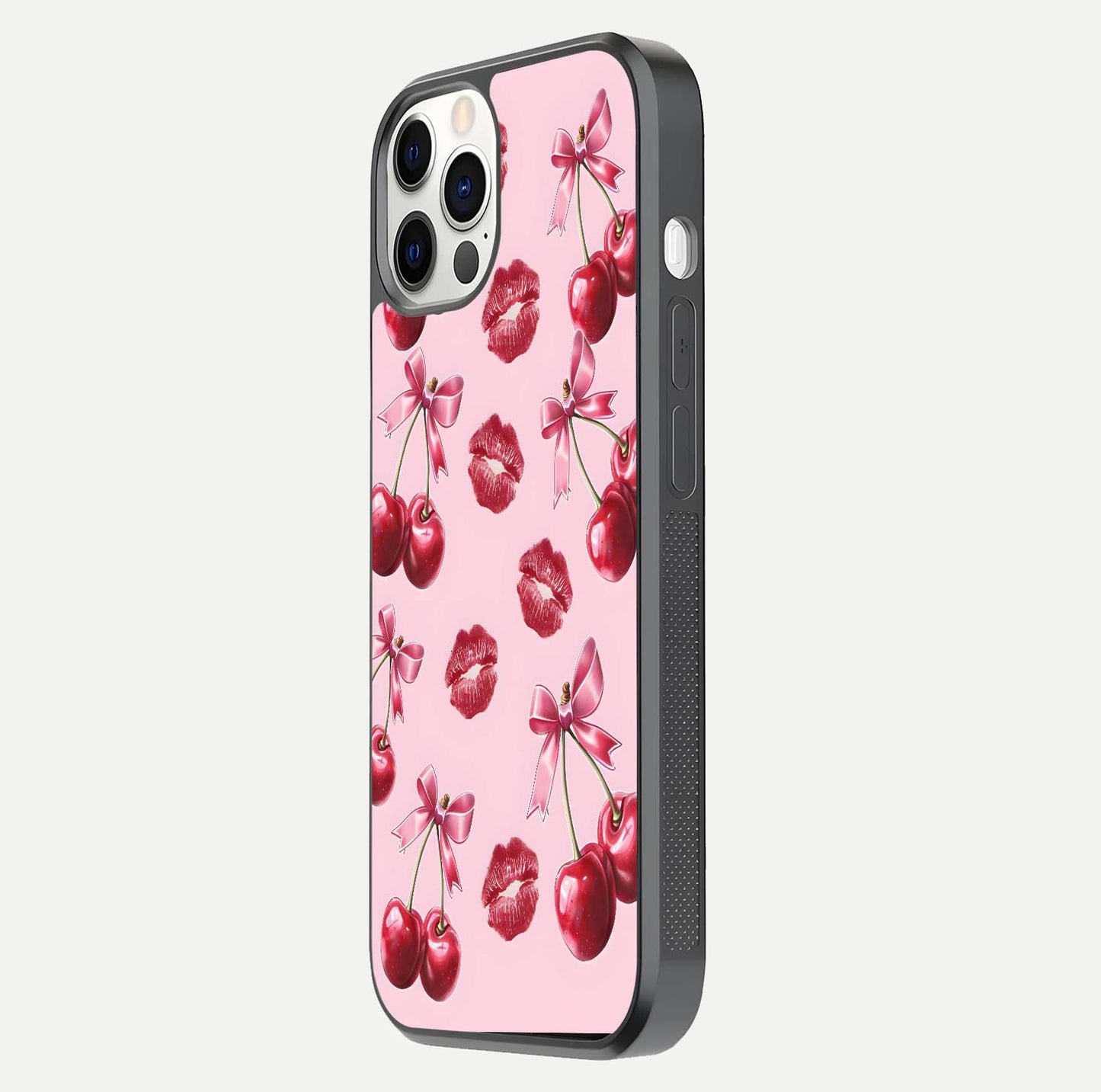 Cherry With Lips Glass Case for iPhone 12 Pro side-angle image showing gloss reflection and fine details