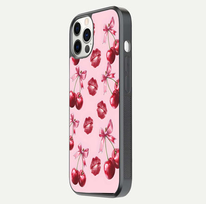 Cherry With Lips Glass Case for iPhone 12 Pro side-angle image showing gloss reflection and fine details