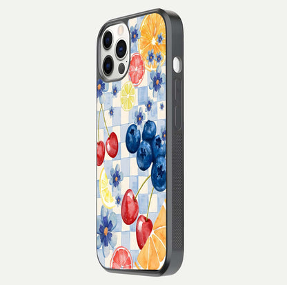 Citrus Bloom Joy Glass Case for iPhone 12 Pro side-angle photo capturing bright color and glass reflection
