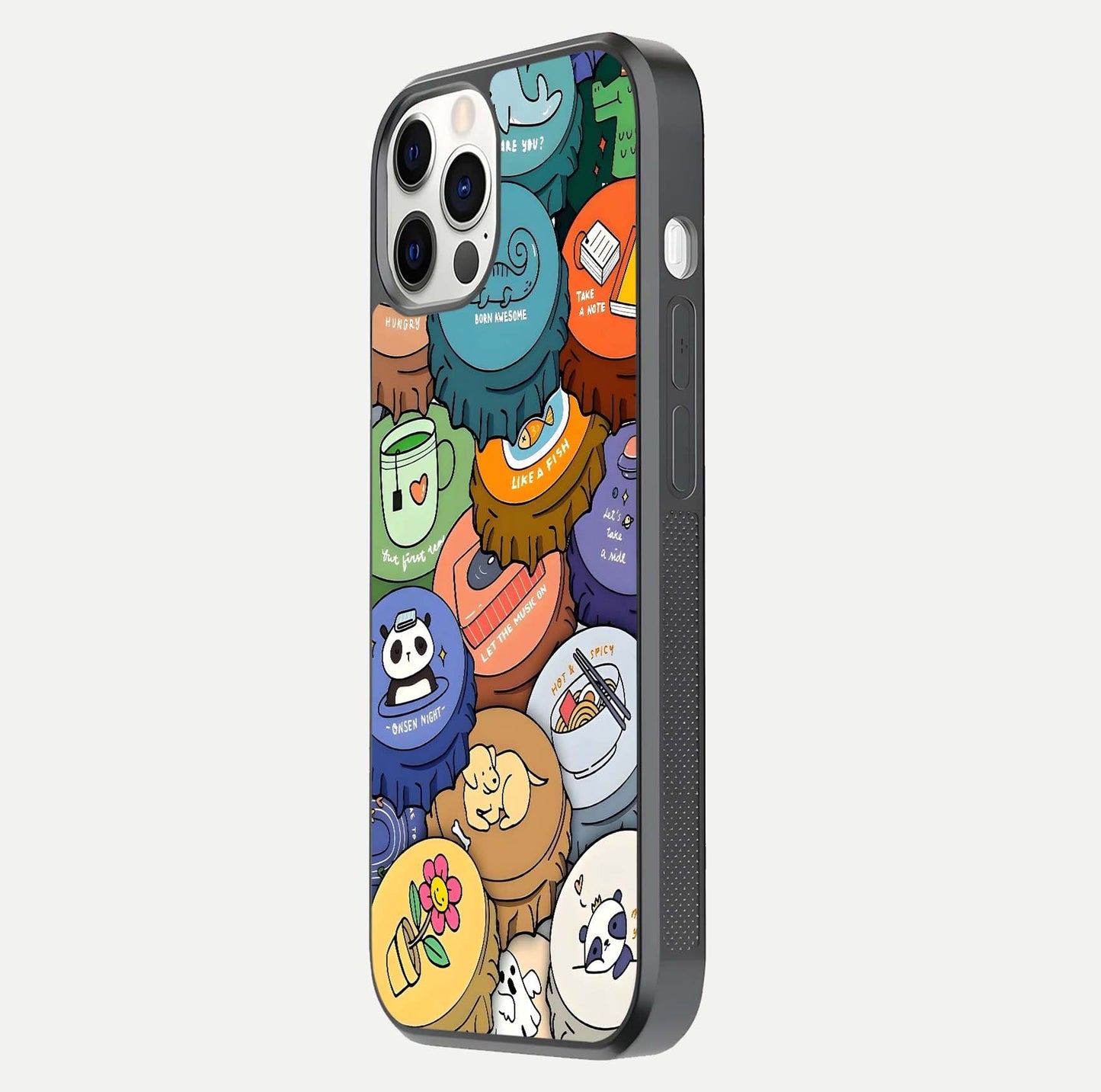 Coins Patterns Glass Case for iPhone 12 Pro side-angle photo capturing shine finish and curve glow