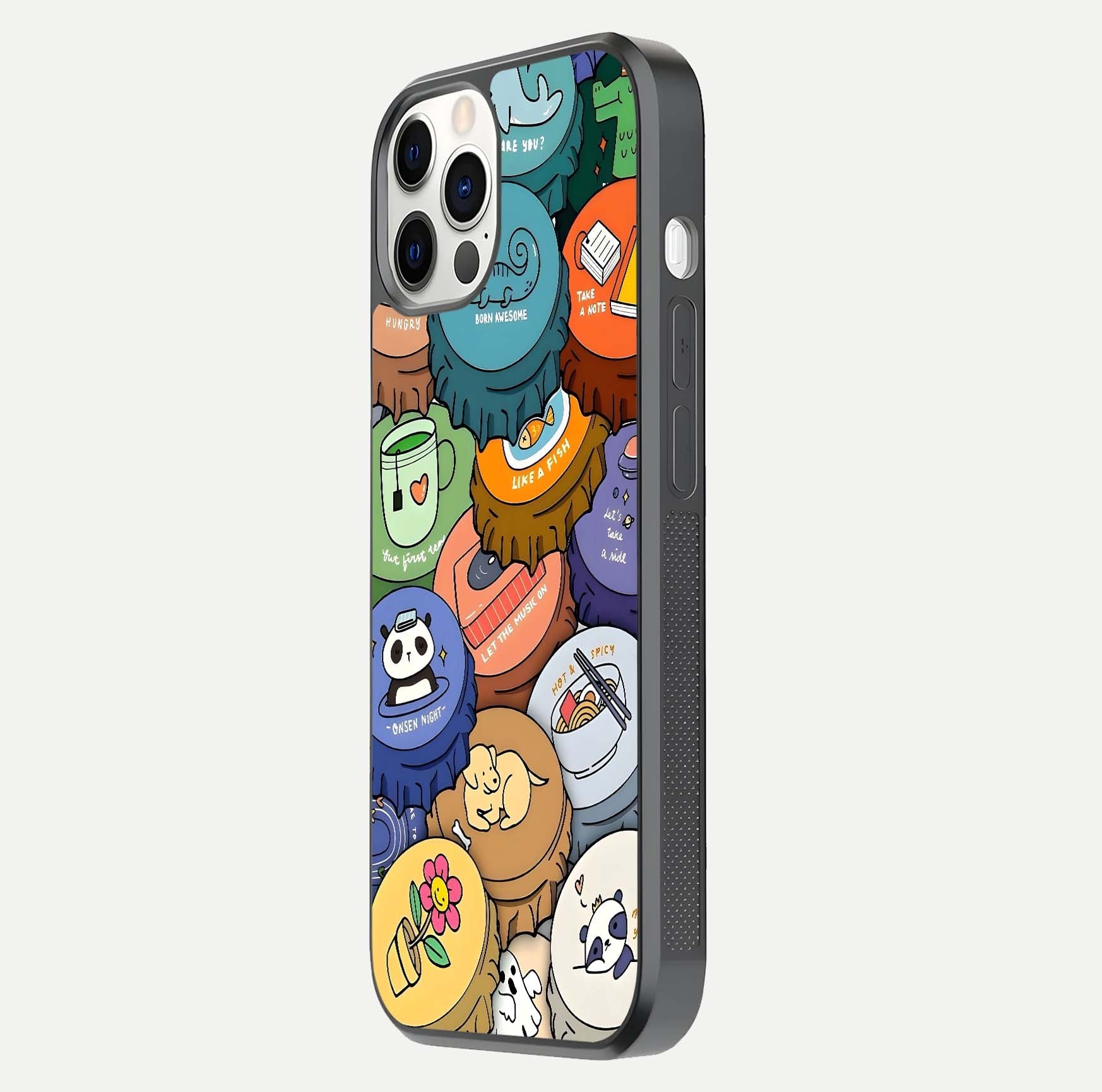 Coins Patterns Glass Case for iPhone 12 Pro side-angle photo capturing shine finish and curve glow
