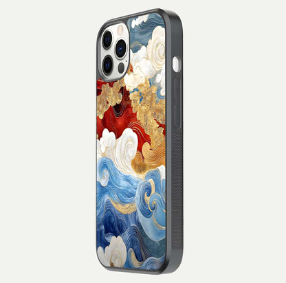 Colored Waves Glass Case for iPhone 12 Pro side-angle image showing light reflection, edge design, and shine