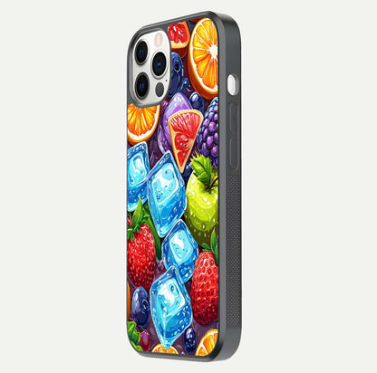 Colorful Fruits with Ice Glass Case for iPhone 12 Pro side-angle photo showing curve gloss and vivid tones