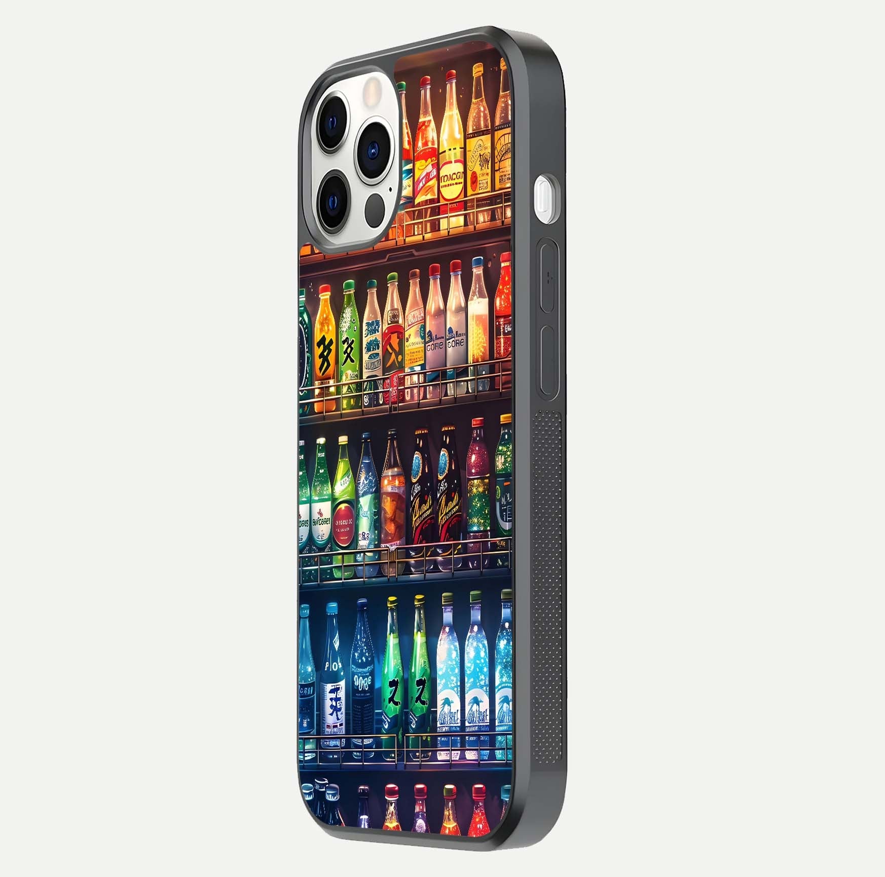 Colorful Soda Bottles Glass Case for iPhone 12 Pro side-angle photo showing polish shine and texture depth