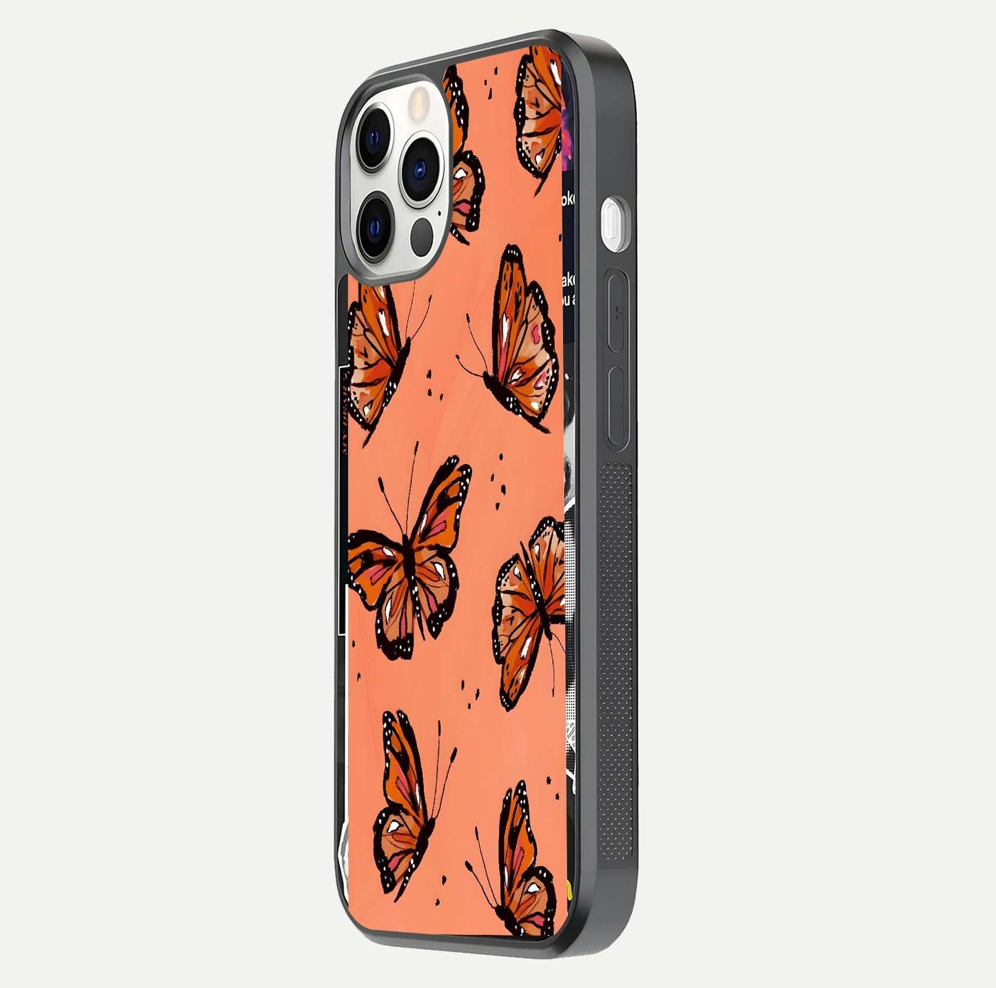 Coral Wing Butterfly Glass Case for iPhone 12 Pro side-angle photo showing reflective finish and smooth edges