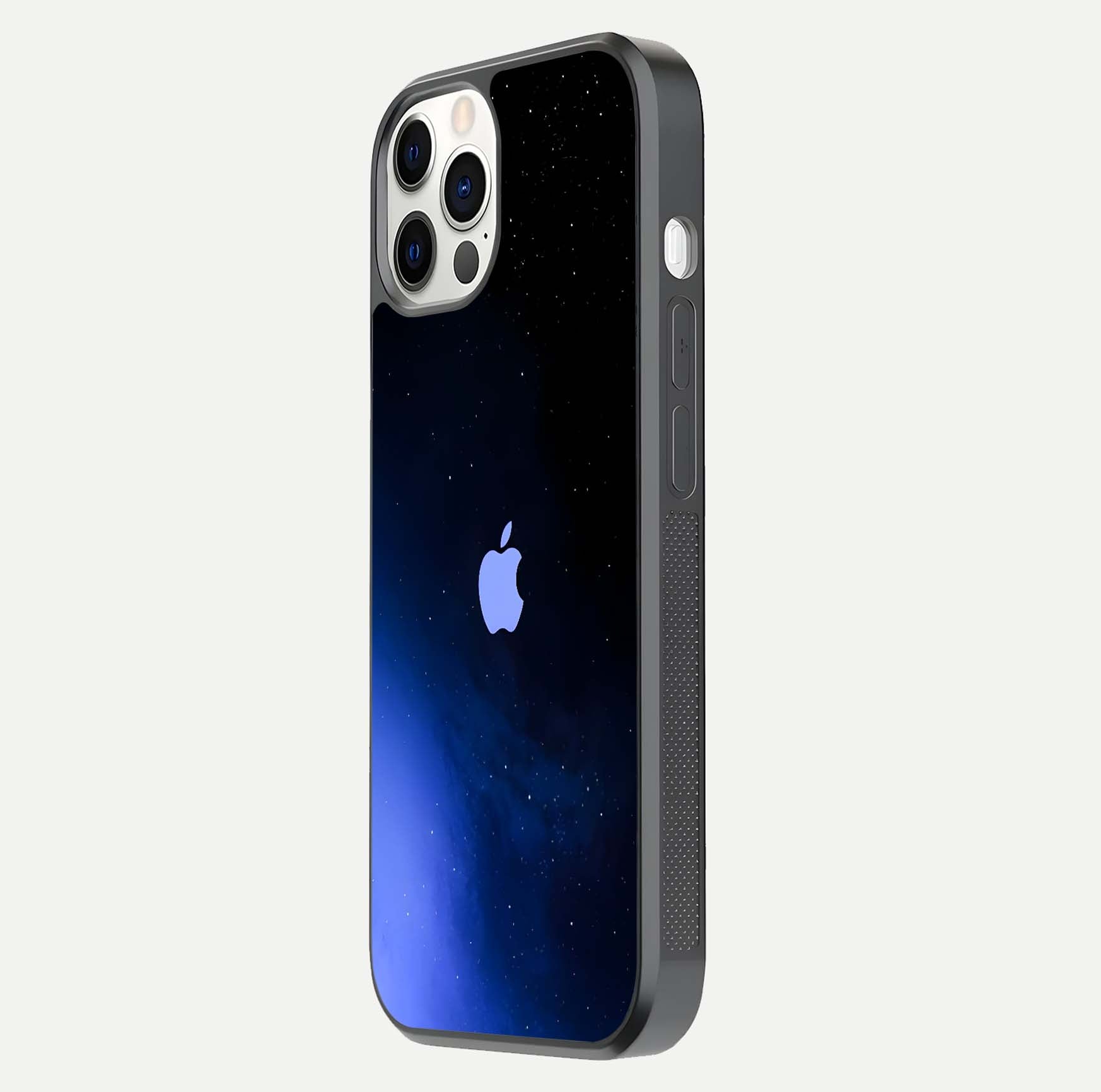 Cosmic Blue Apple Glass Case for iPhone 12 Pro side-angle image showing curve polish and star detail