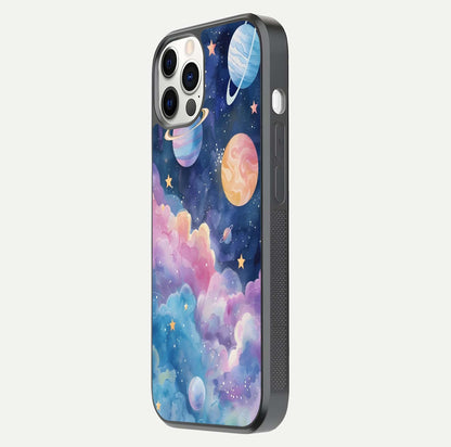 Cosmic Planet Dreams Glass Case for iPhone 12 Pro side-angle image showing texture clarity and shine