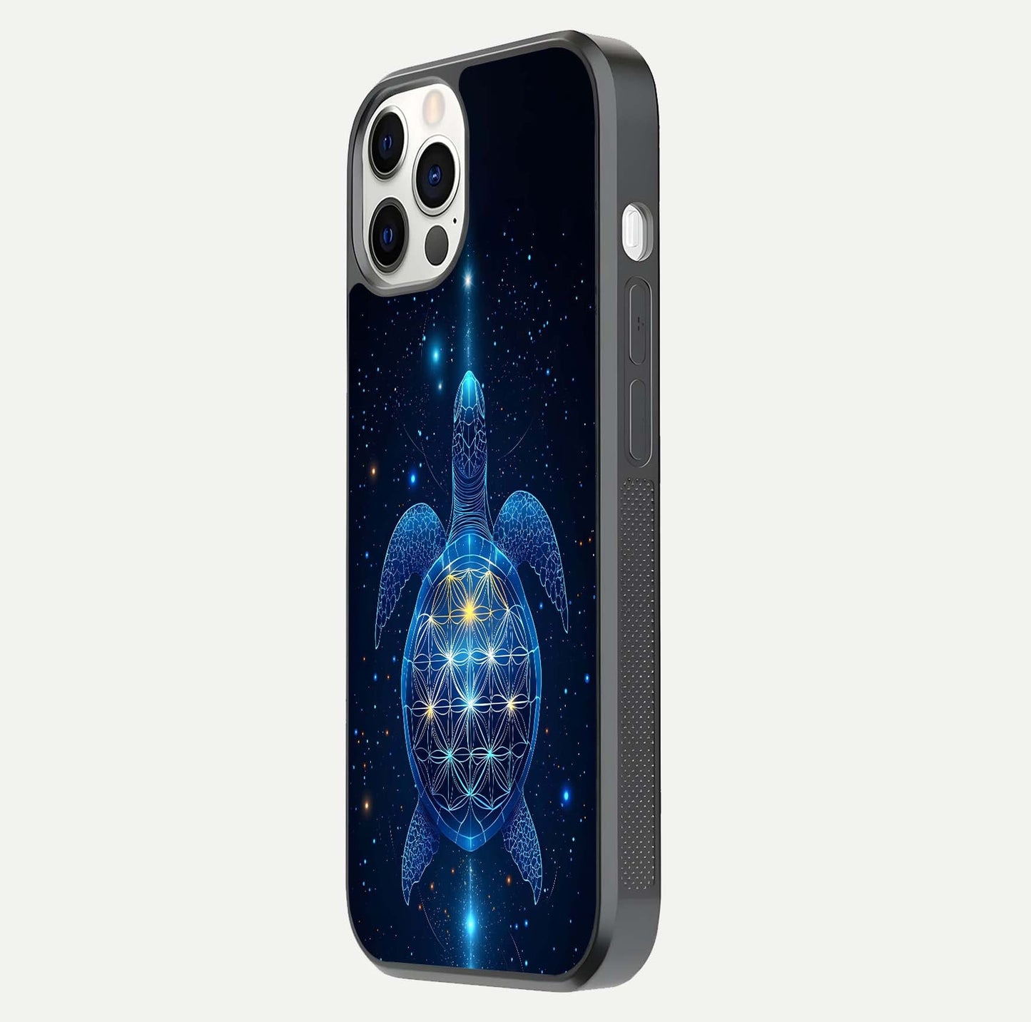 Crimson Blue Turtle Glass Case for iPhone 12 Pro side-angle photo showing curved edge and glass gloss
