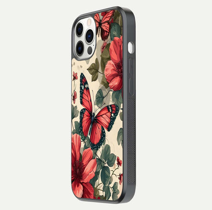 Crimson Butterfly Garden Glass Case for iPhone 12 Pro side-angle photo capturing gloss texture and soft tone