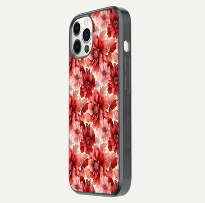 Crimson Love Petals Glass Case for iPhone 12 Pro side-angle photo showing reflection glow and edge clarity