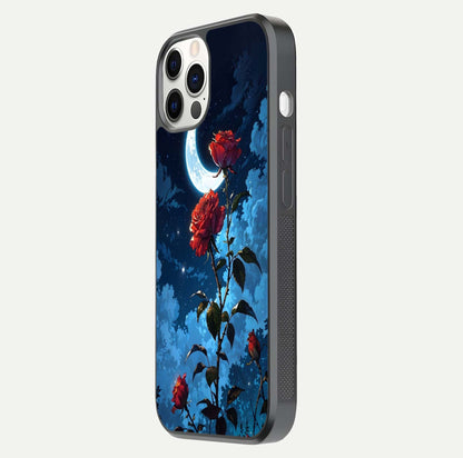 Crimson Rose Moon Glass Case for iPhone 12 Pro side-angle photo showing reflective texture and smooth curve