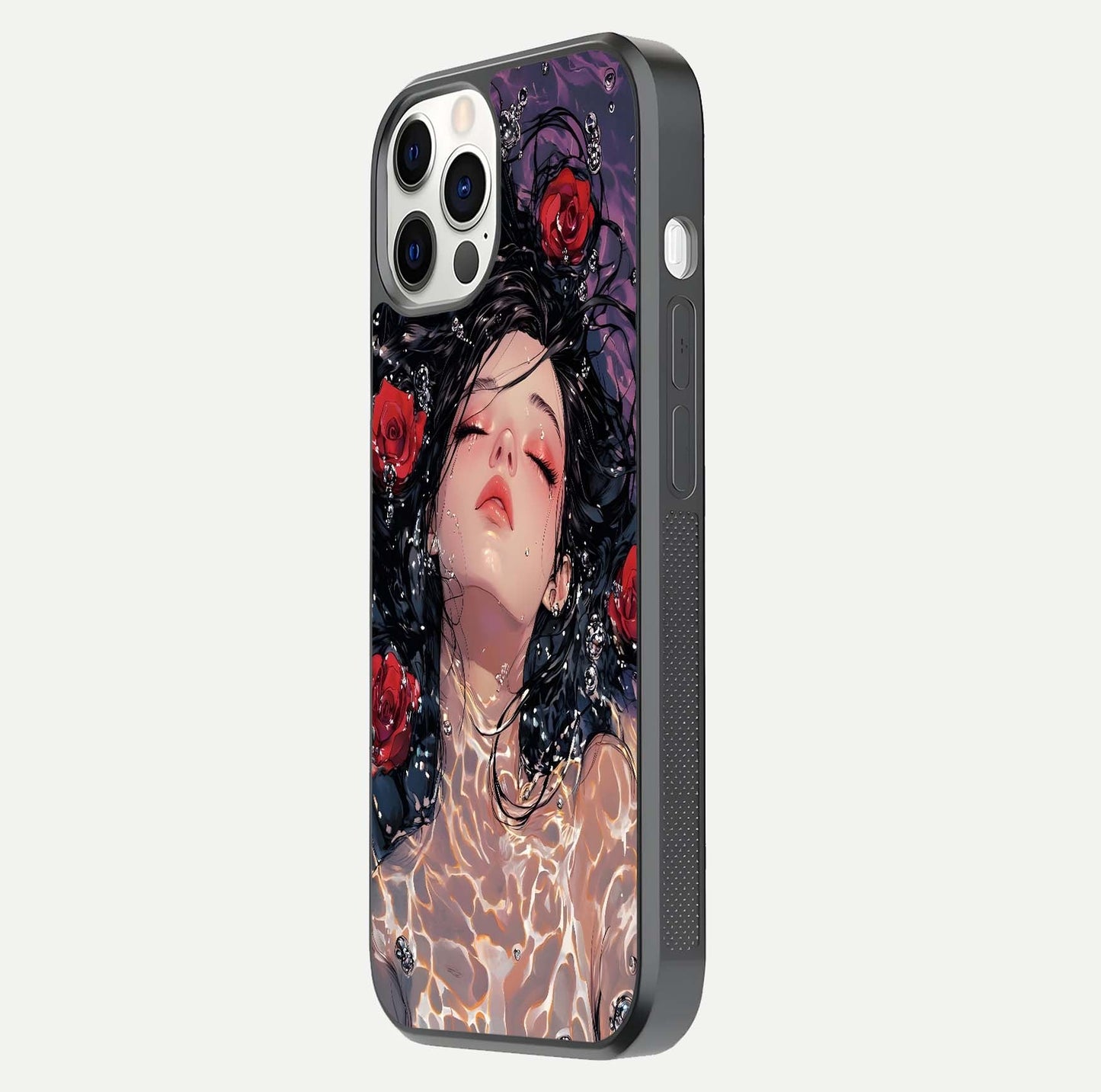 Crimson Rose Serenity Glass Case for iPhone 12 Pro side-angle photo showing glass reflection and soft edges