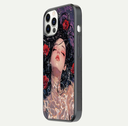 Crimson Rose Serenity Glass Case for iPhone 12 Pro side-angle photo showing glass reflection and soft edges